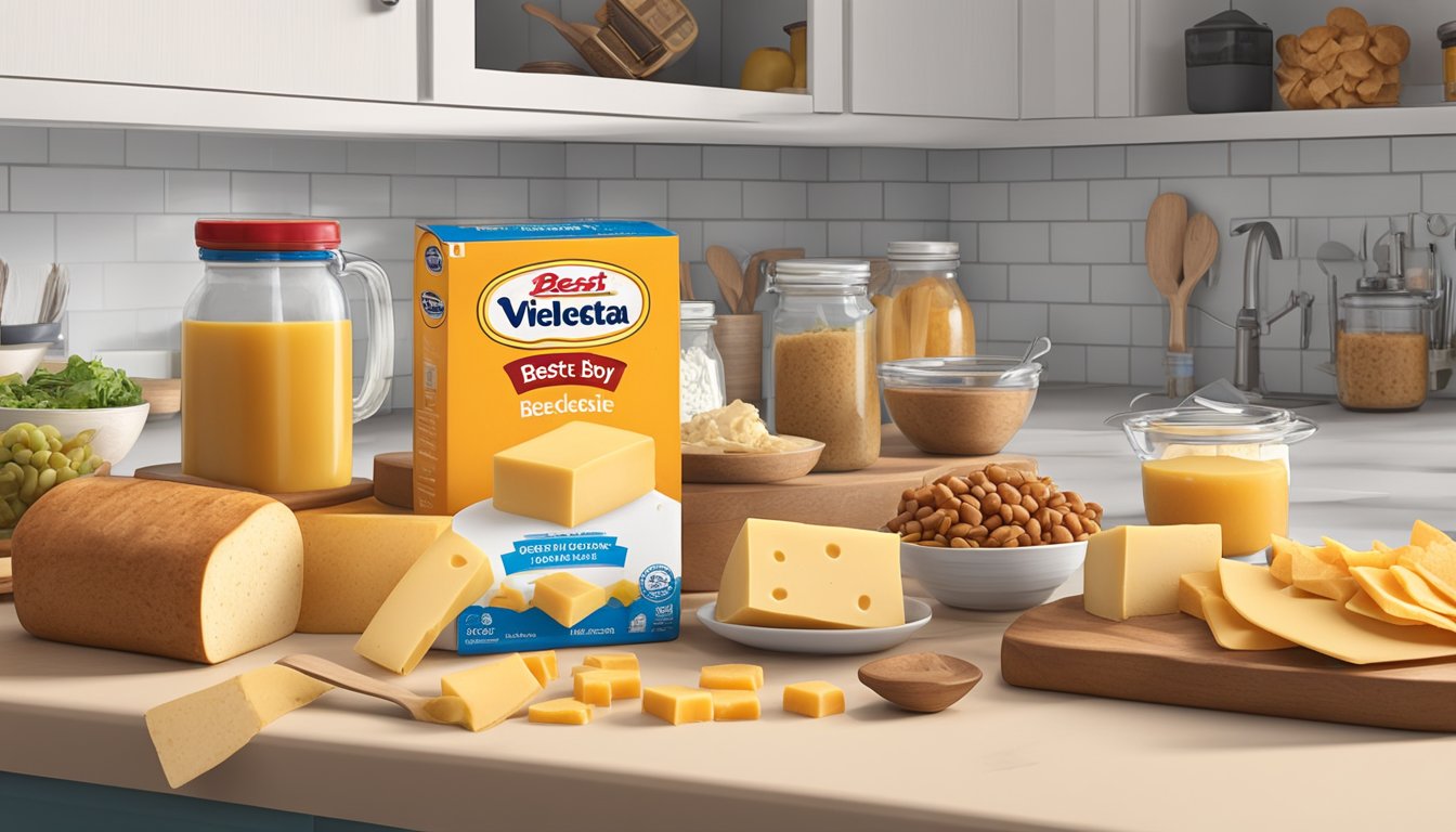 A block of Velveeta cheese sits on a kitchen counter, surrounded by various food items and labeled with a "Best By" date