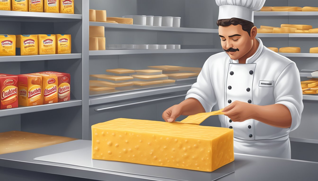 A chef carefully unwraps a block of Velveeta, inspecting its texture and color for signs of spoilage