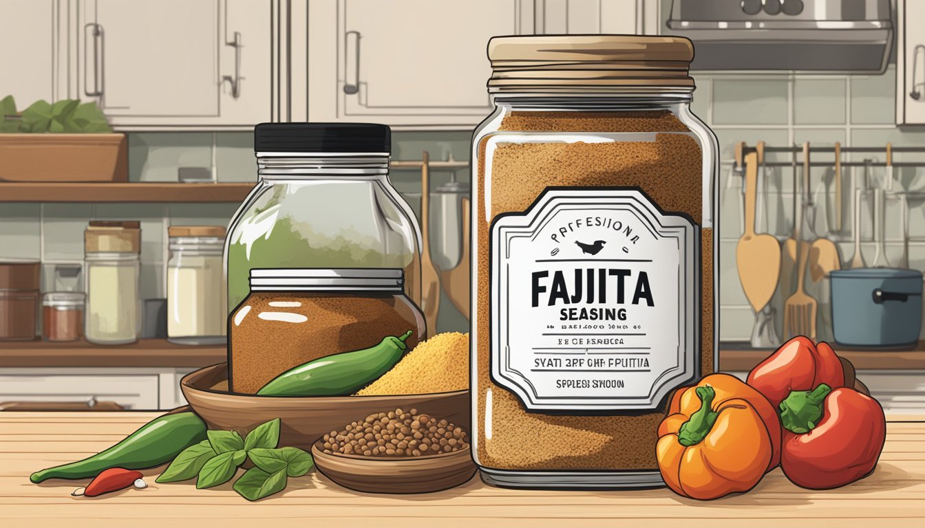 A jar of fajita seasoning sits on a kitchen shelf, surrounded by various spices and ingredients. The label on the jar indicates an expiration date