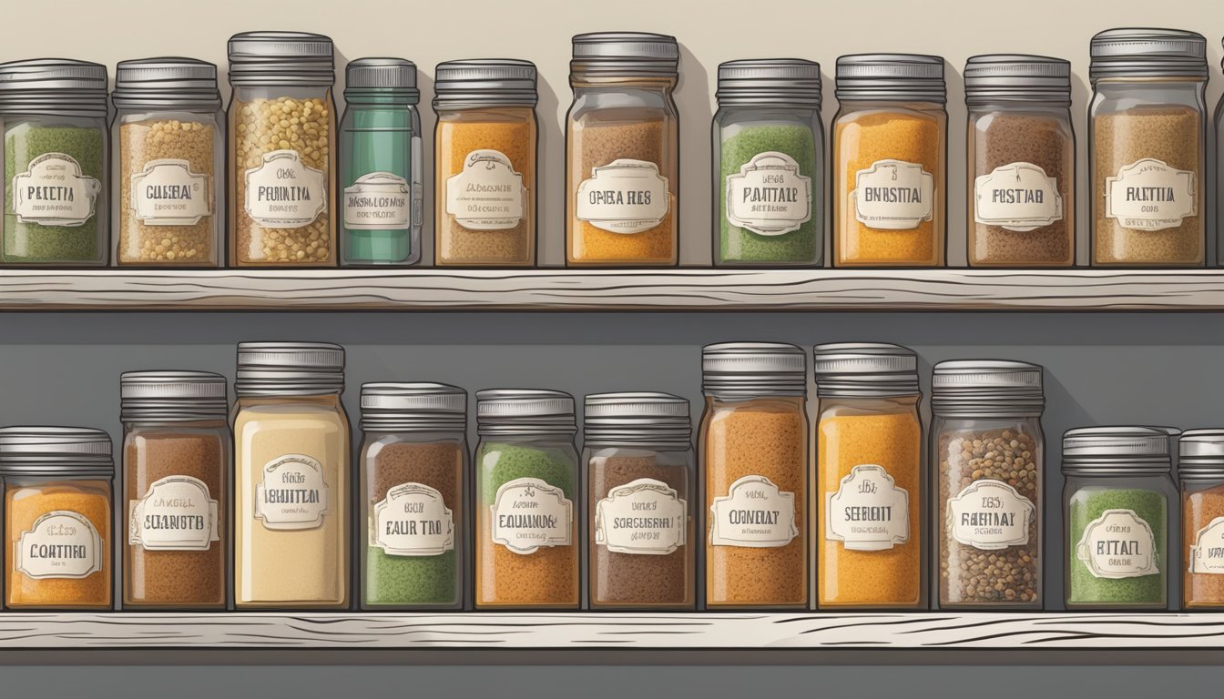 A pantry shelf with various spice jars, including fajita seasoning, arranged neatly with labels facing forward. A calendar on the wall indicates the current date