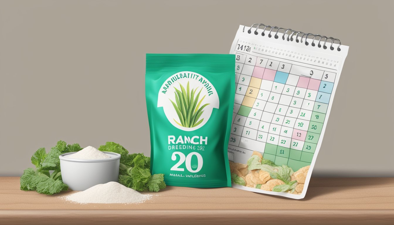 A packet of ranch dressing mix sits next to a calendar, with the expiration date clearly marked. A question mark hovers above the mix, indicating uncertainty