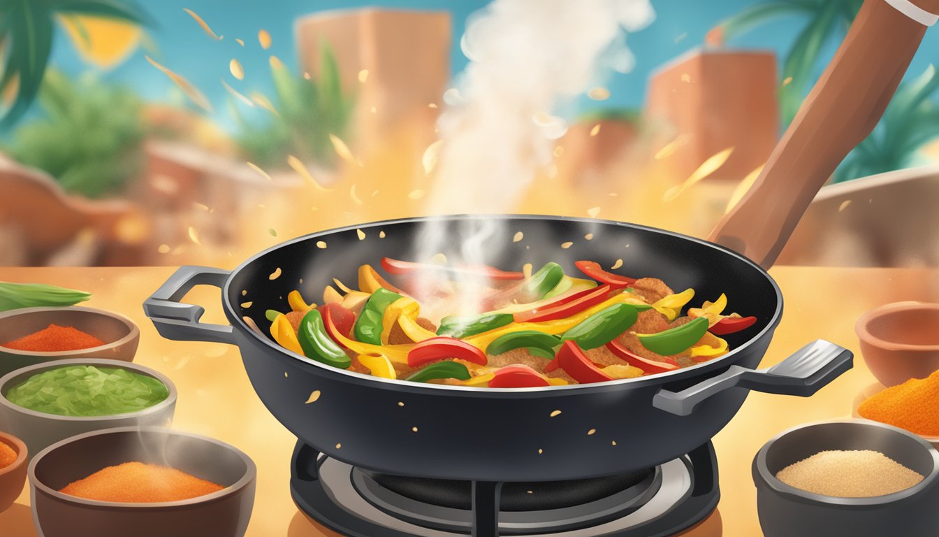 A sizzling skillet of fajitas being sprinkled with fresh fajita seasoning, releasing a burst of aromatic flavors