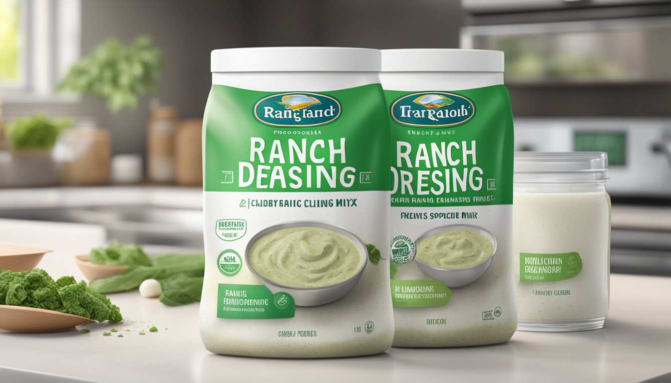 A packet of ranch dressing mix sits open on a kitchen counter, with a moldy smell emanating from it. The mix is clumped and discolored, indicating spoilage