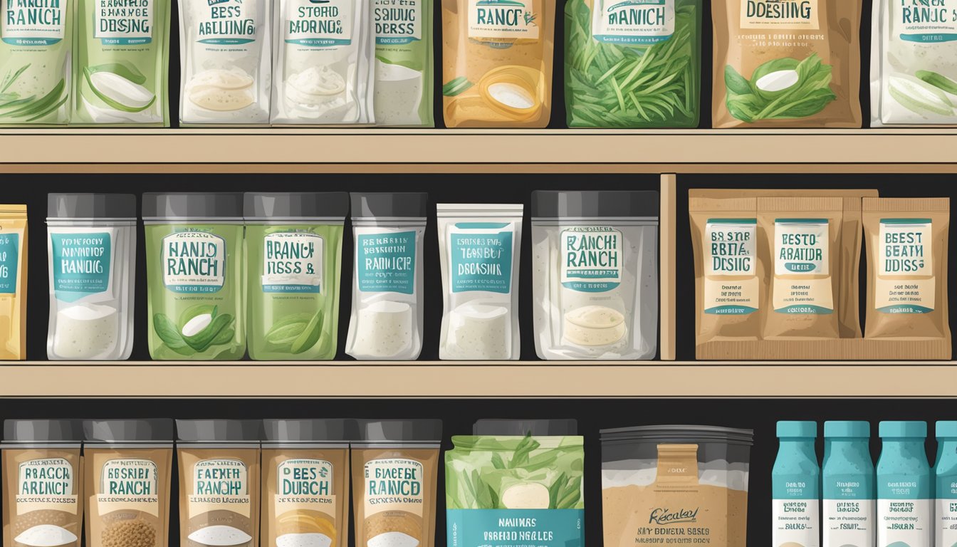 A pantry shelf with expired and unexpired ranch dressing mix packets, labeled with storage and handling best practices