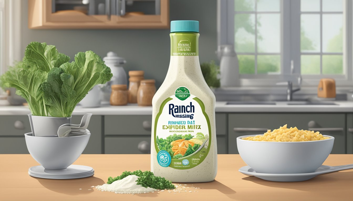 A bottle of ranch dressing mix sits on a kitchen counter, surrounded by various food items. The expiration date on the packaging is clearly visible