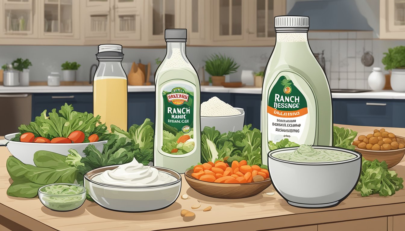 A bottle of ranch dressing mix sits on a kitchen counter, surrounded by various salad ingredients and a mixing bowl