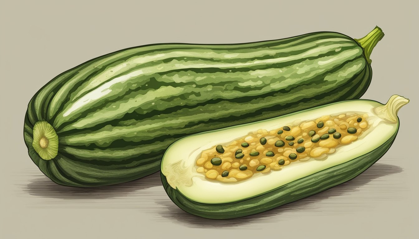 A zucchini with mold and brown spots, surrounded by a foul odor