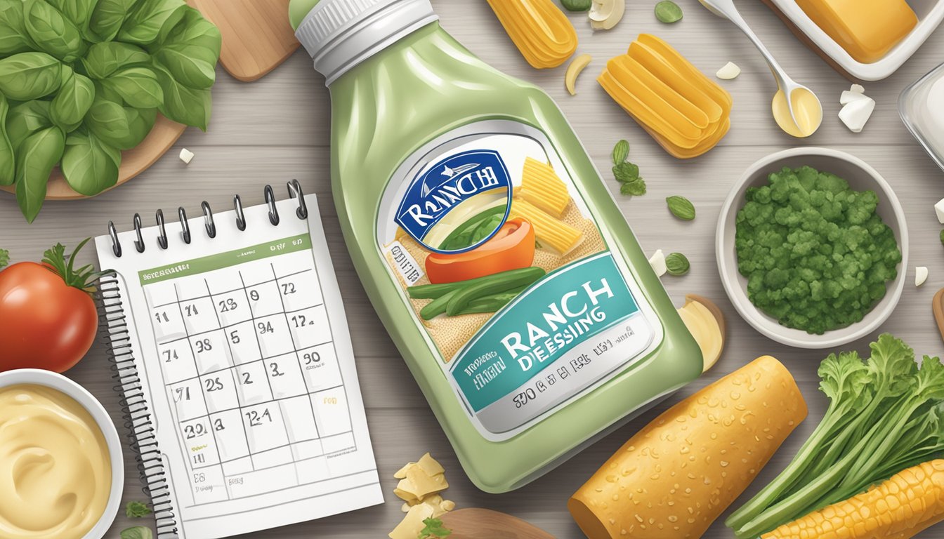 A bottle of ranch dressing mix surrounded by various food items and a calendar showing the current date