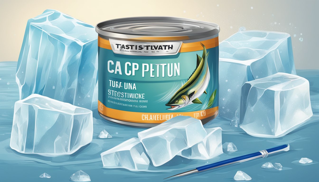 A can of tuna surrounded by ice packs and a thermometer to show proper preservation