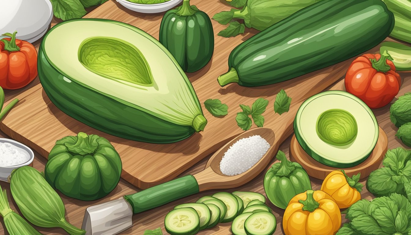 Fresh zucchinis on a wooden cutting board, surrounded by various kitchen utensils and ingredients, ready to be used in cooking