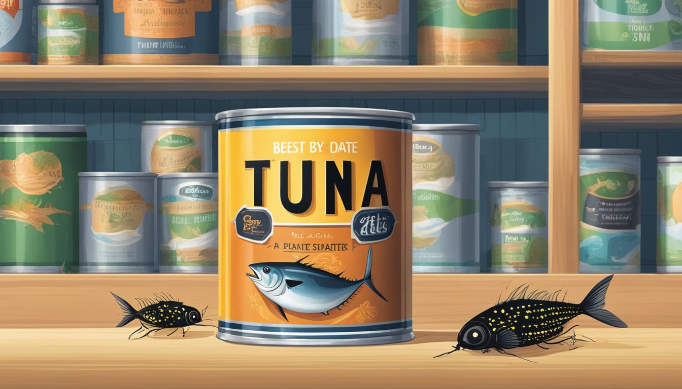 A can of tuna sits on a shelf with a "best by" date passed, surrounded by flies and emitting a foul smell