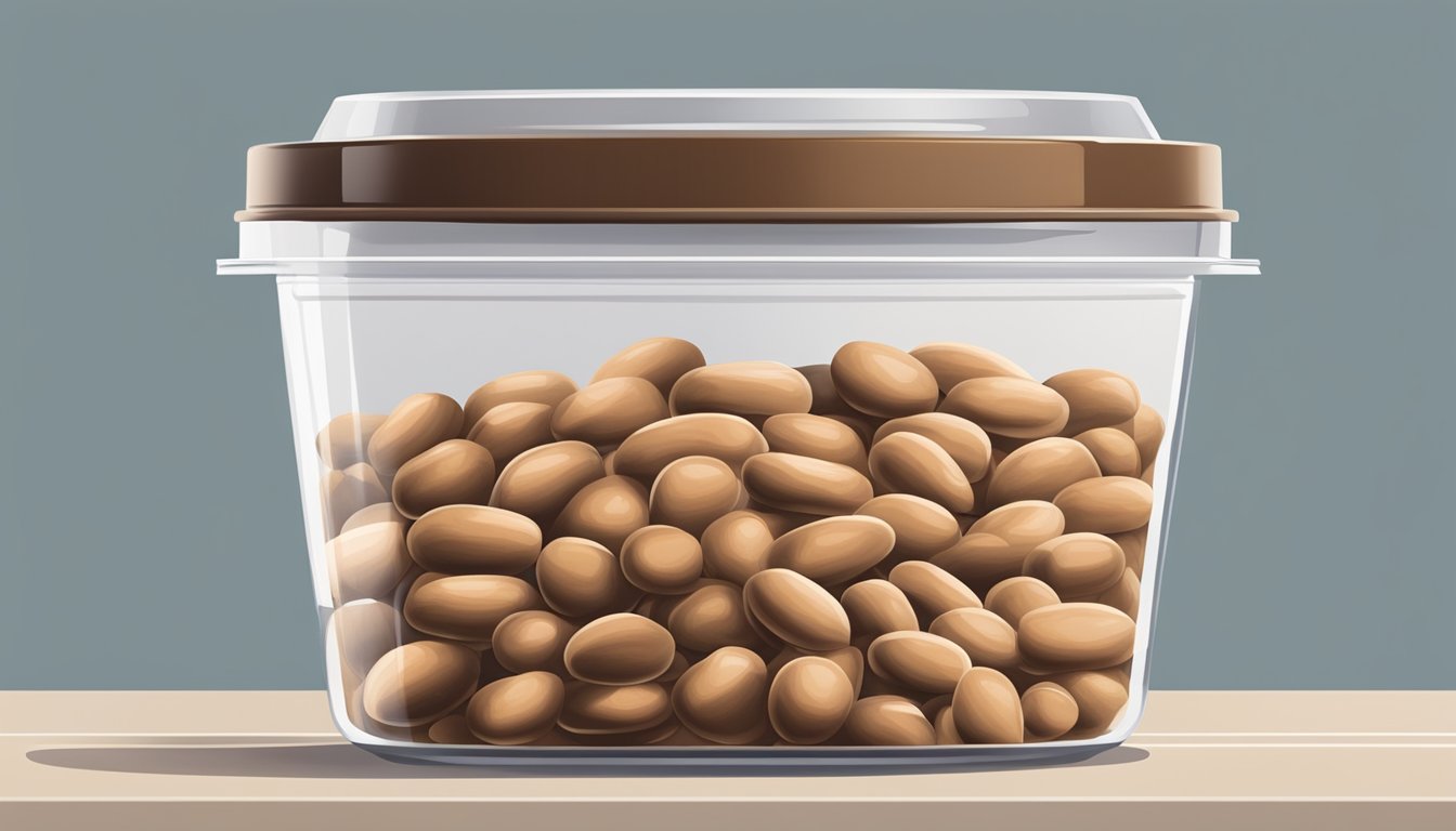 A clear plastic container of pinto beans sits on a shelf, sealed with a lid to prevent contamination