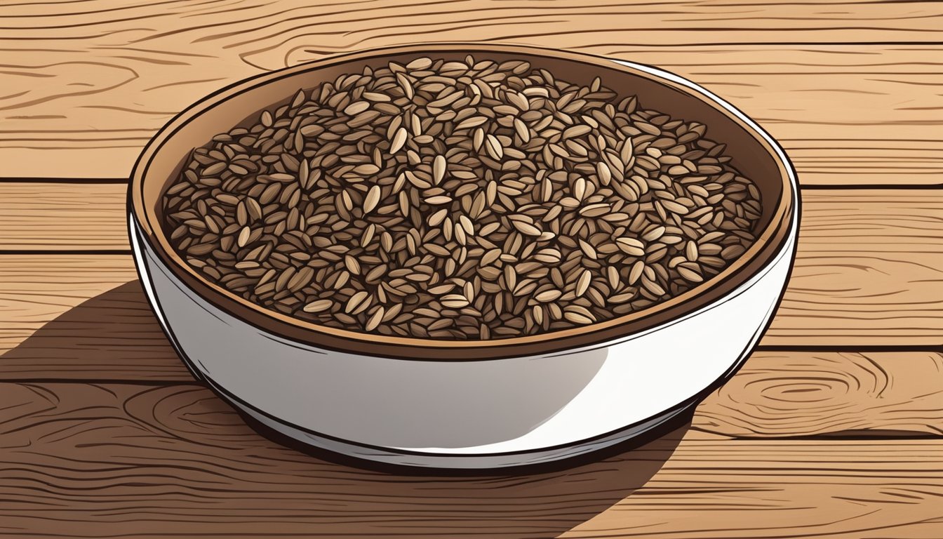 A small pile of caraway seeds spilling out of an open container onto a wooden cutting board