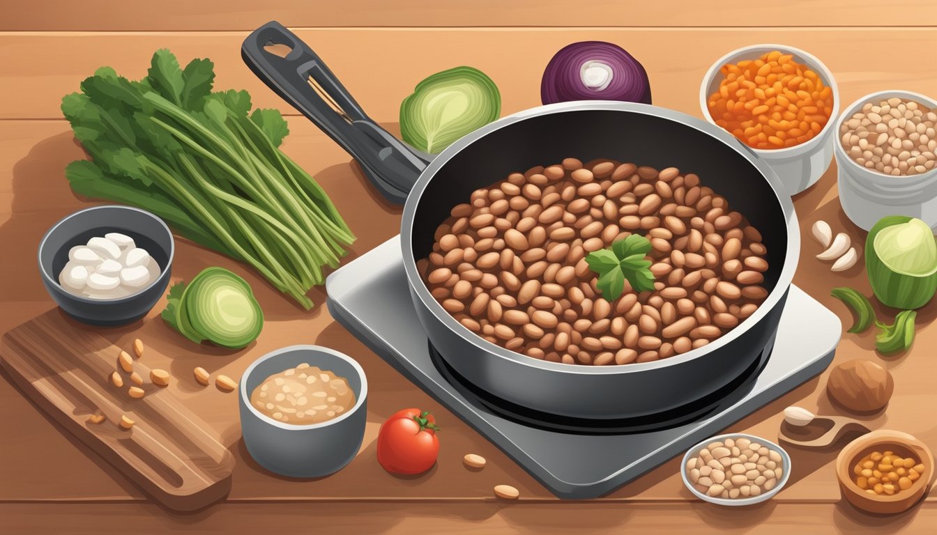 A pot of pinto beans simmers on a stovetop, surrounded by various ingredients and cooking utensils. On a nearby cutting board, fresh vegetables are being chopped for preparation