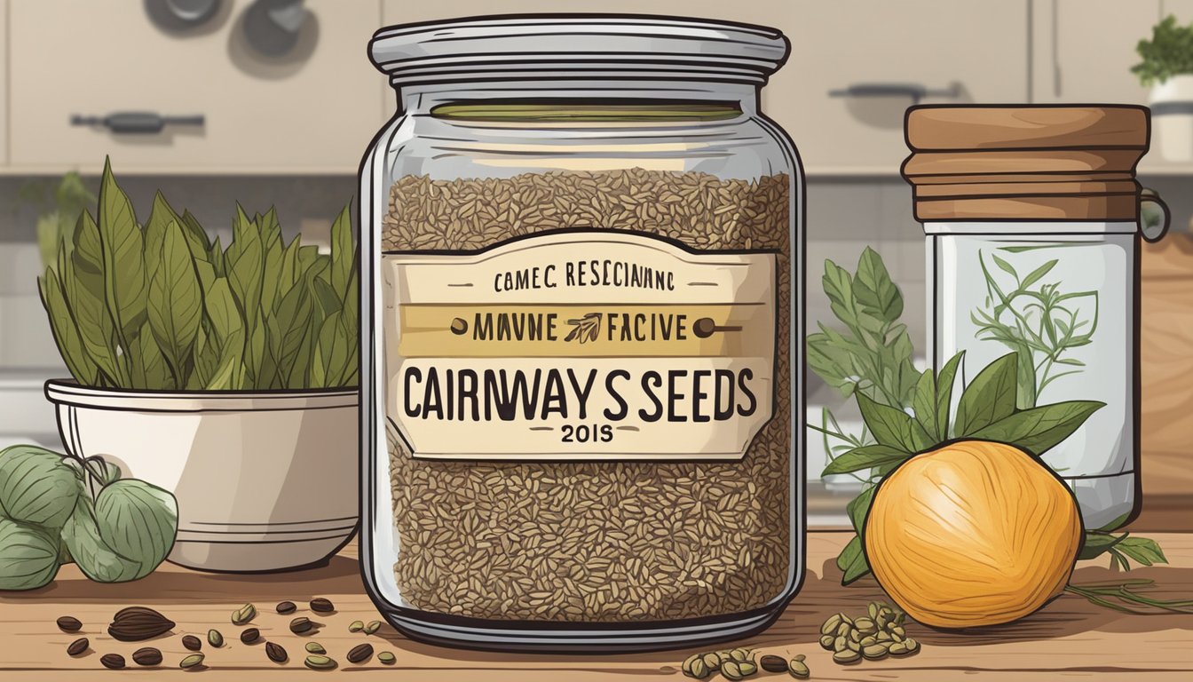 A jar of caraway seeds sits on a kitchen shelf, surrounded by other spices and herbs. The label on the jar indicates the expiration date, while the seeds inside appear fresh and aromatic