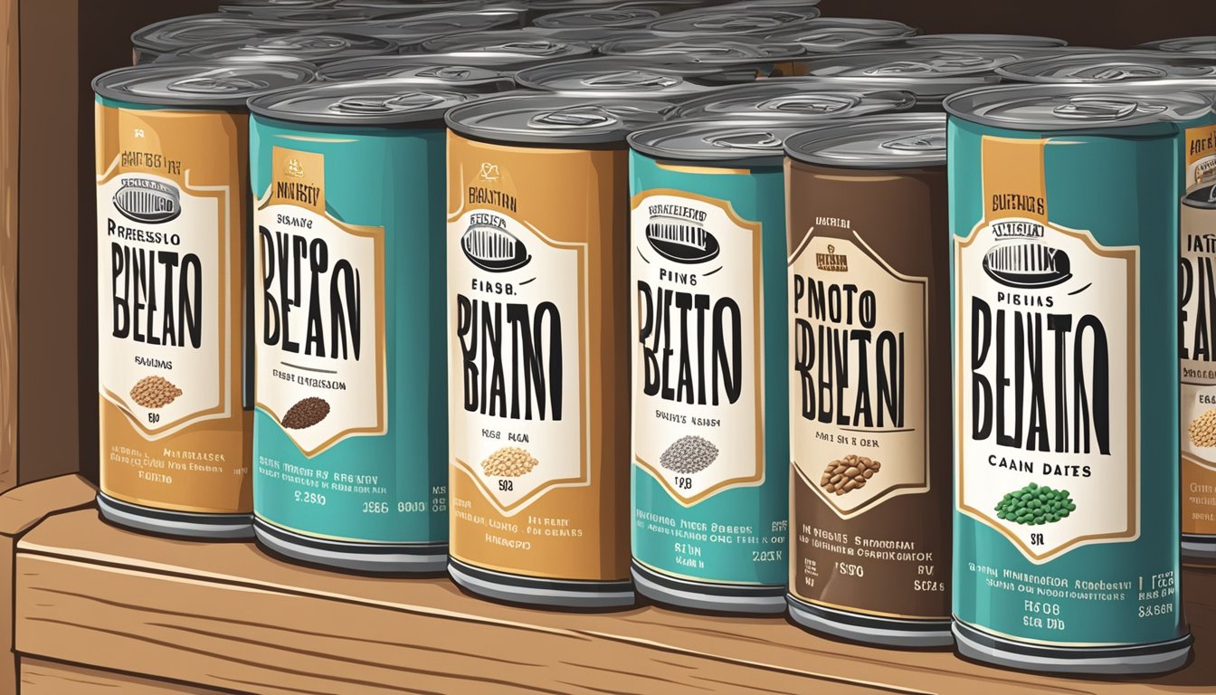 A pantry shelf with a row of labeled cans of pinto beans, some with expiration dates visible