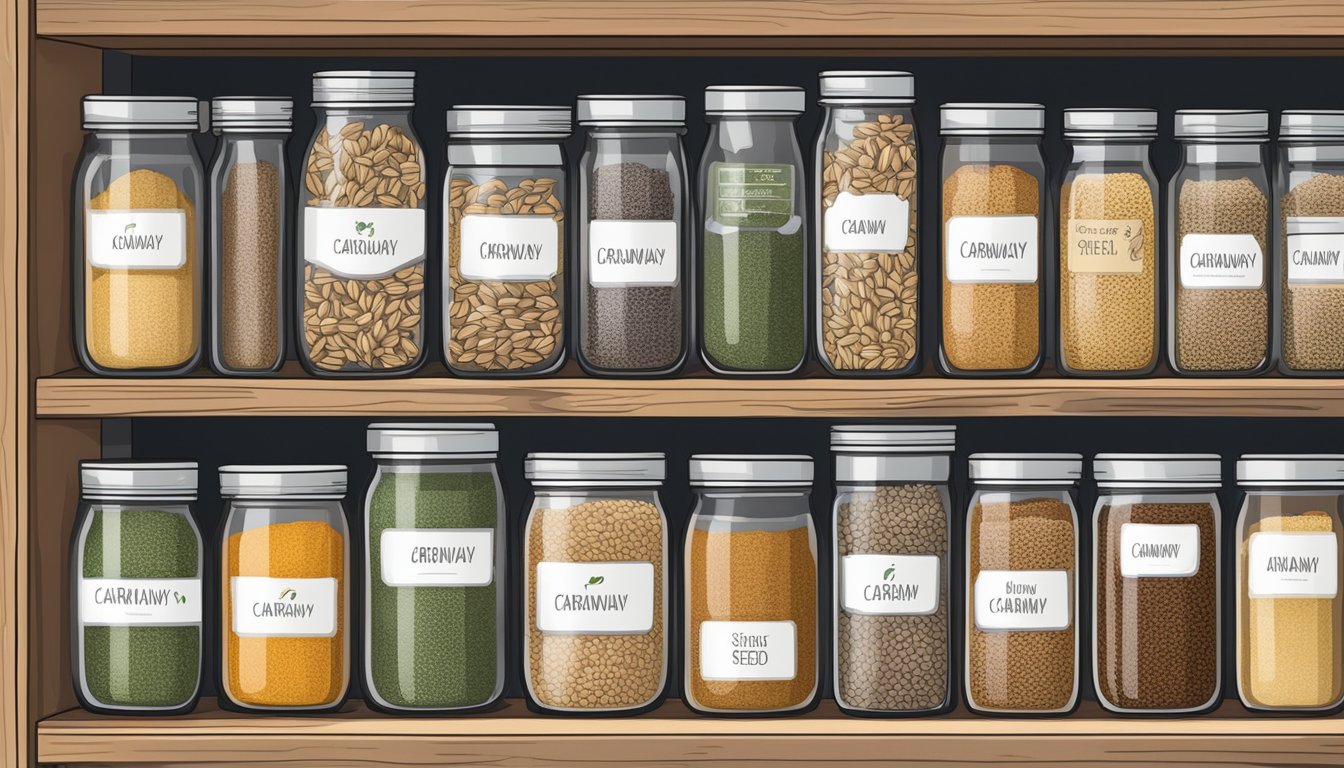 A neatly organized pantry shelf with labeled jars of caraway seeds, some in airtight containers and others in resealable bags