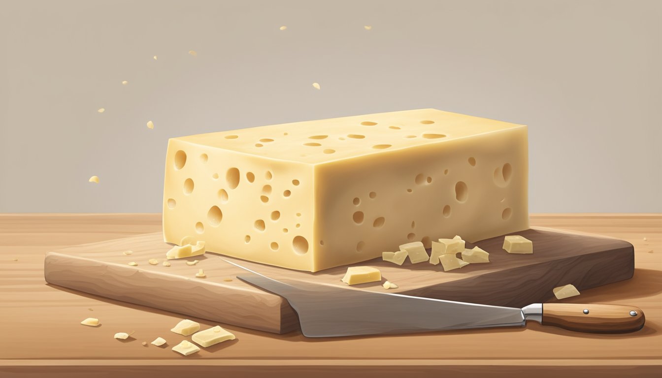 A block of Havarti cheese sits on a wooden cutting board, surrounded by a few crumbs and a small knife. The cheese appears fresh and creamy, with no signs of spoilage