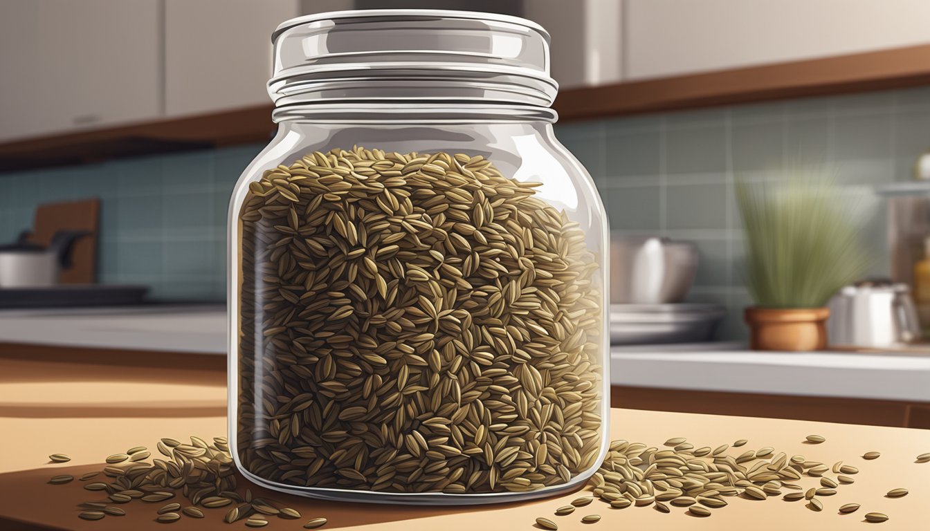 A glass jar filled with caraway seeds sits on a kitchen counter, bathed in soft natural light. The seeds are arranged in neat rows, with a few spilling out onto the counter