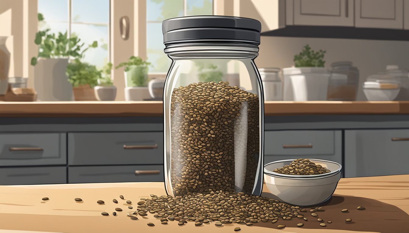 A jar of caraway seeds sits on a kitchen shelf, with a few seeds spilling out onto the counter. Some of the seeds appear discolored and moldy