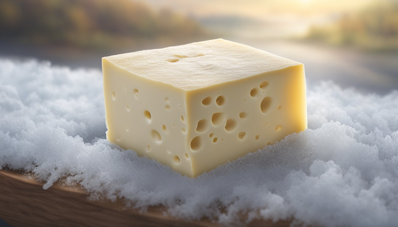 A block of Havarti cheese sits in a freezer, surrounded by frost