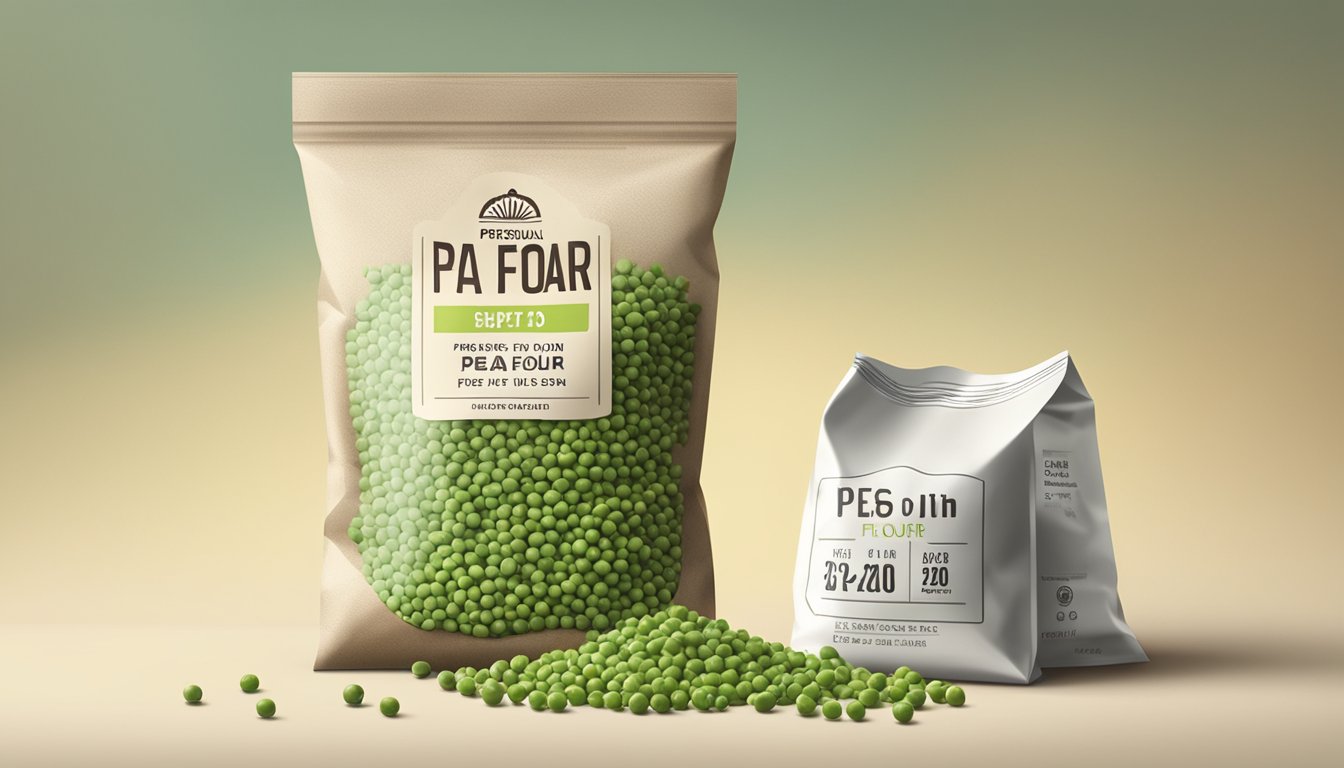 A bag of pea flour sits on a shelf, with a clear expiration date label and a few loose peas scattered around it