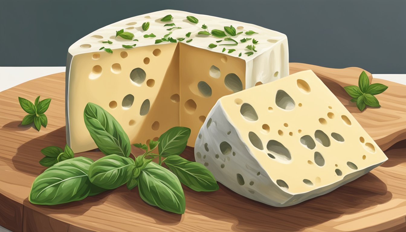 A block of havarti cheese sits on a wooden cutting board, surrounded by fresh herbs and a small knife. The cheese is slightly creamy in color with small holes throughout