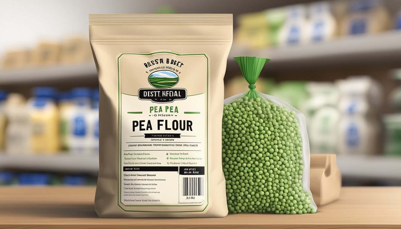 A bag of pea flour sits on a shelf with a best-by date label