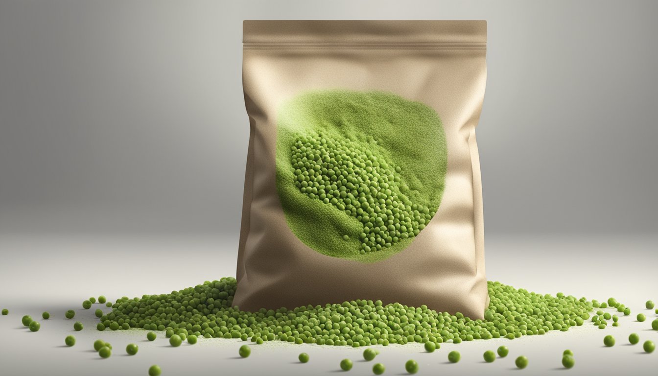 A bag of pea flour with mold growth and a foul odor