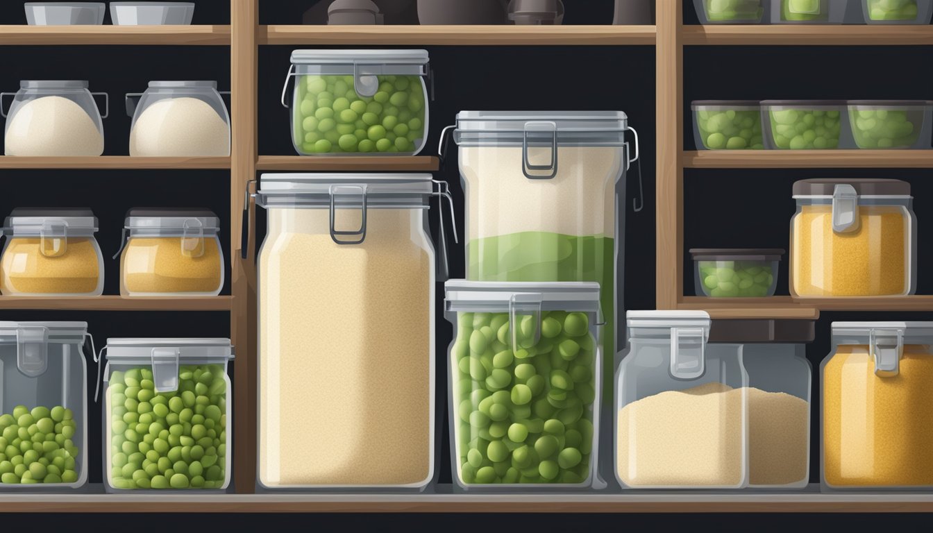 Pea flour stored in a sealed, airtight container in a cool, dark pantry