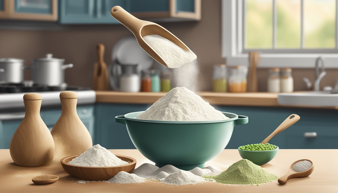 A bag of pea flour sits on a kitchen countertop, surrounded by baking utensils and ingredients. A cloud of flour hangs in the air as it is being poured into a mixing bowl