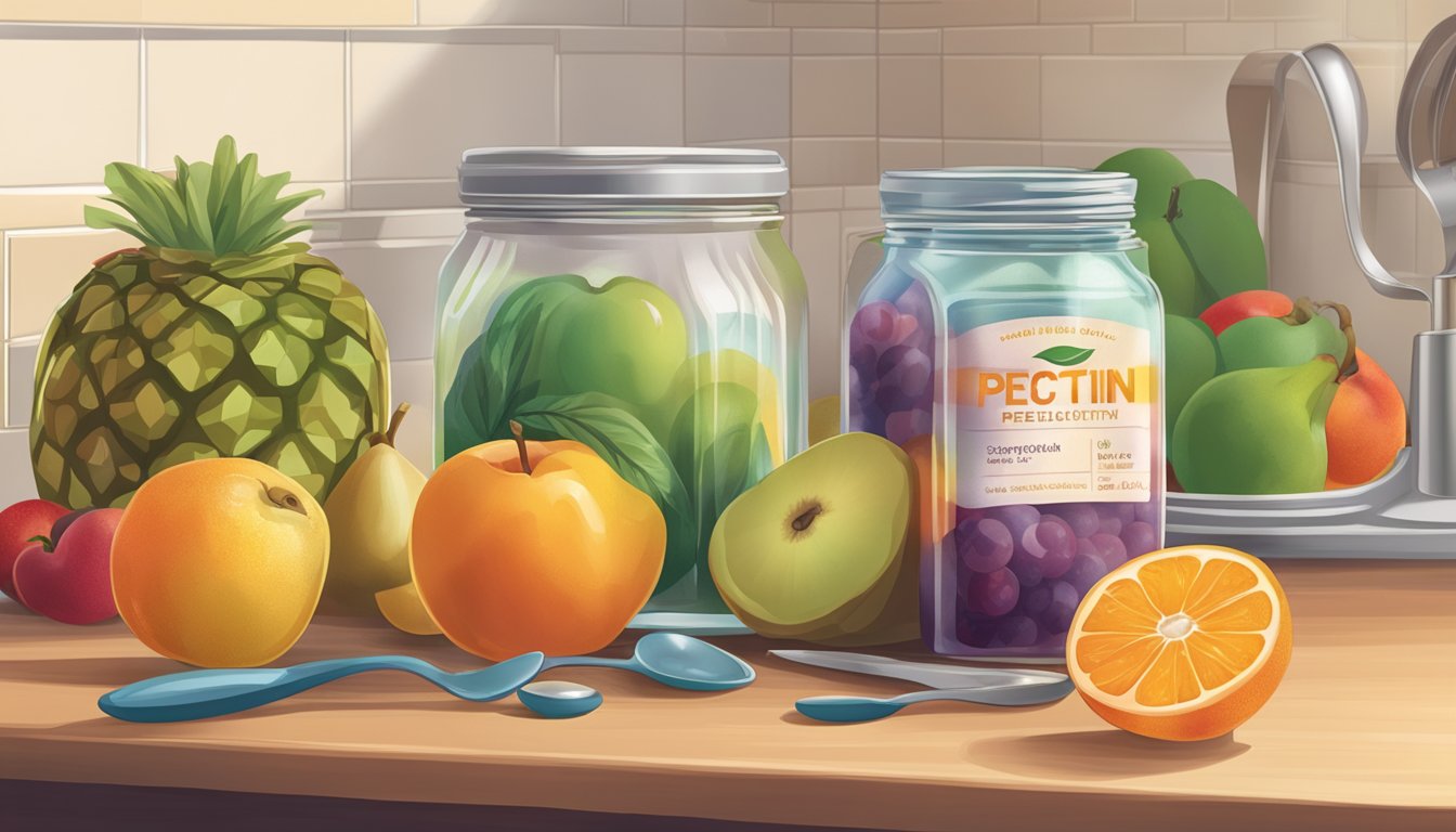 A jar of pectin sits on a kitchen counter, surrounded by various fruits and a measuring spoon. The label on the jar is partially peeled off