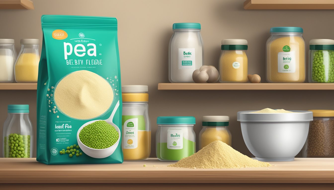 A bag of pea flour sits on a shelf next to various other baking ingredients, with a "best by" date clearly visible on the packaging