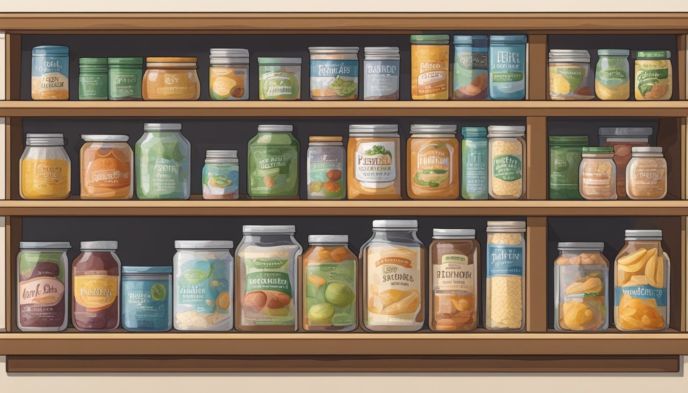 A jar of pectin sits on a shelf in a pantry, surrounded by other canned goods and ingredients. The label indicates the expiration date, and the jar is sealed tightly