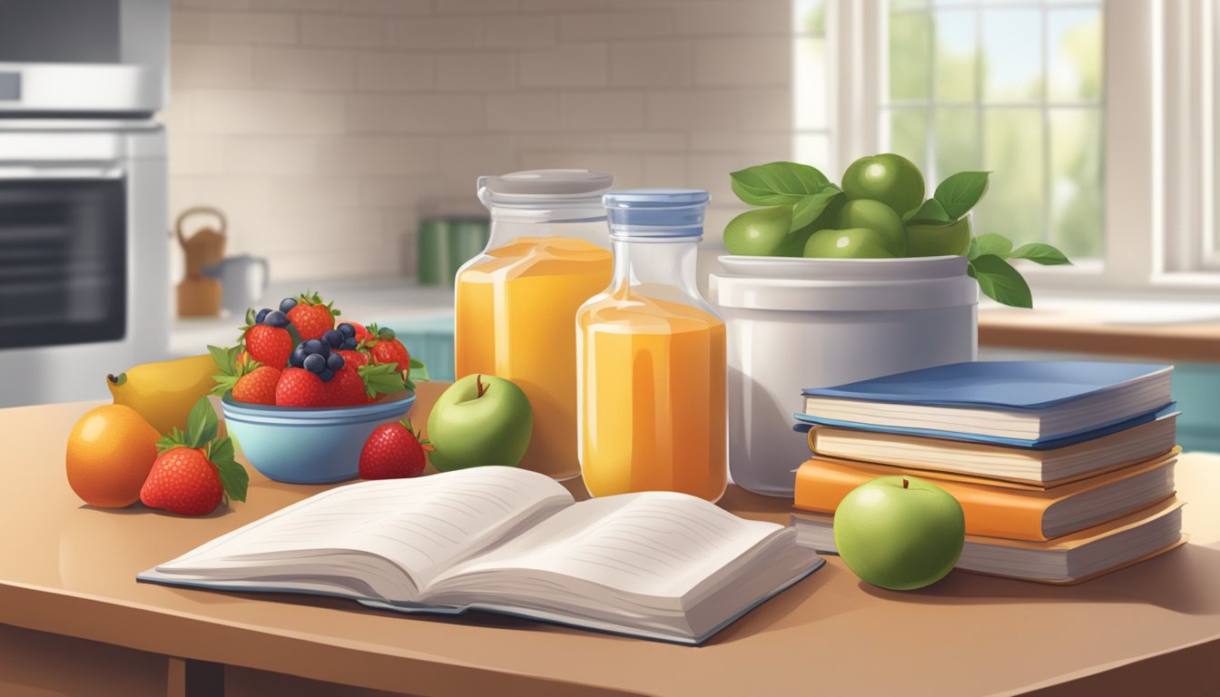 A jar of pectin sitting on a kitchen counter next to a stack of recipe books and a bowl of fresh fruit