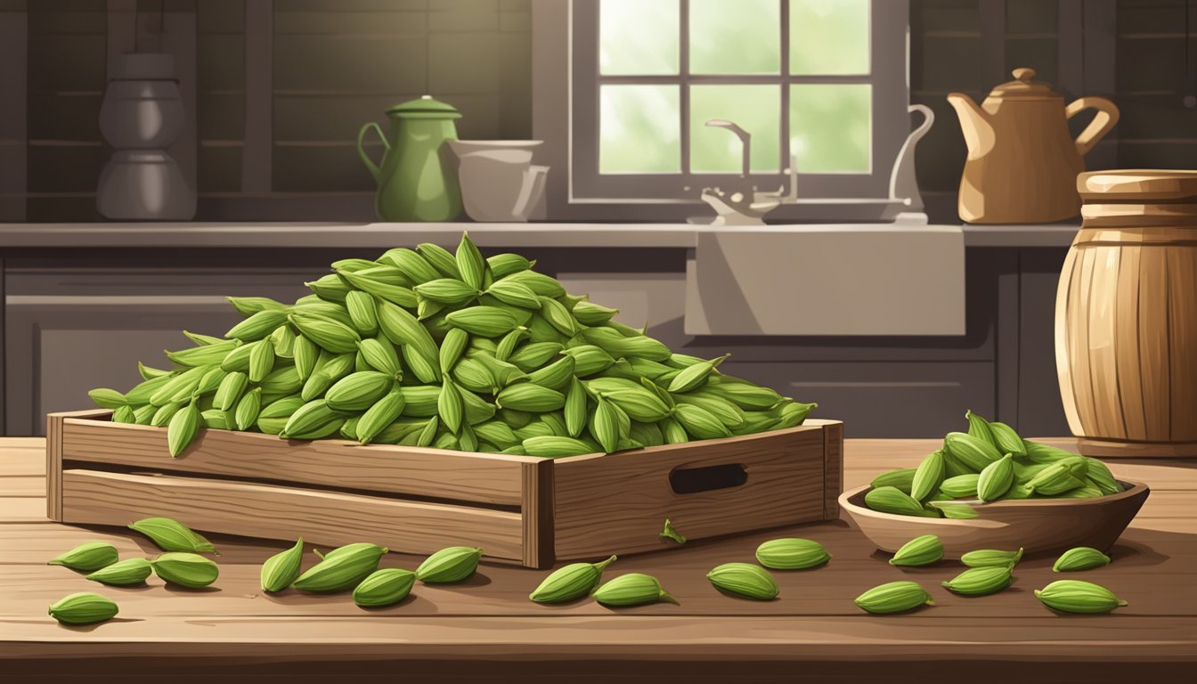 A pile of fresh green cardamom pods spilling out of a wooden crate onto a rustic kitchen table