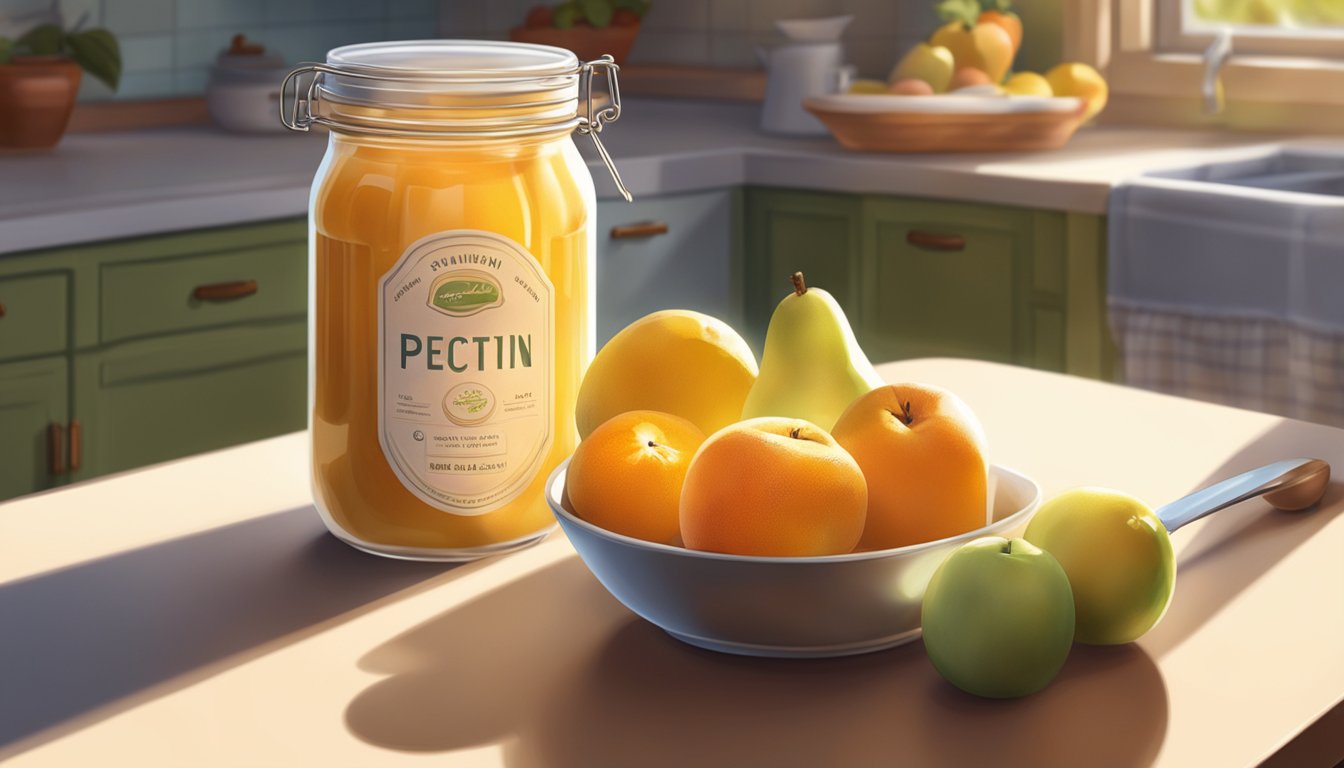 A jar of pectin sits on a kitchen counter, surrounded by fresh fruits and a measuring spoon. The sunlight streams in through a nearby window, casting a warm glow on the scene