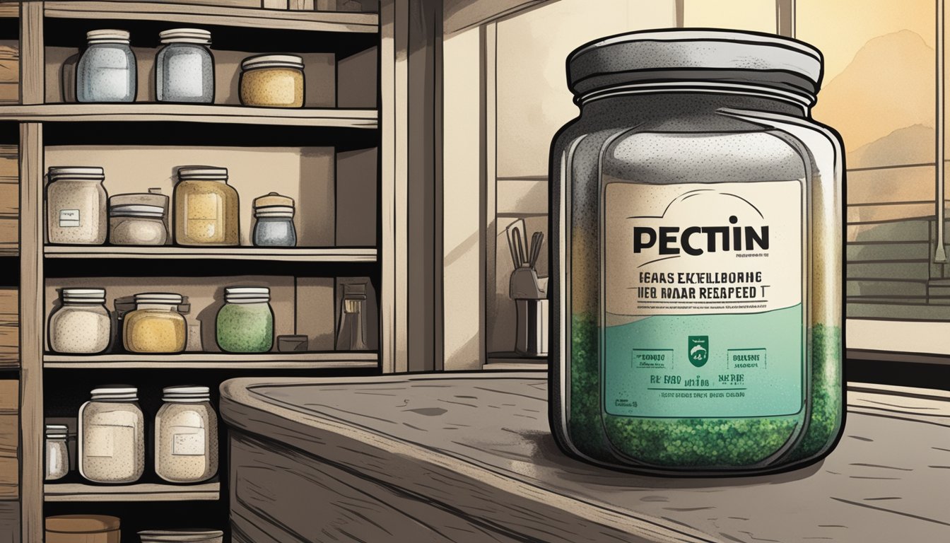 A jar of expired pectin, covered in mold, sits on a dusty shelf in a dimly lit pantry