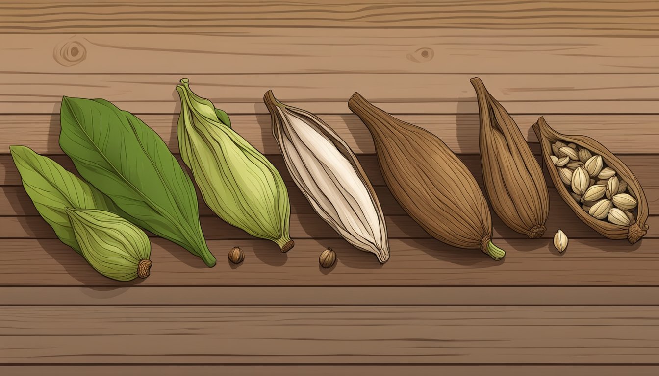 A collection of cardamom pods in various stages of freshness, some plump and green, others dried and brown, arranged on a wooden surface