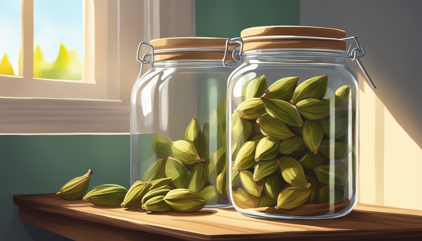 A glass jar filled with cardamom pods sits on a wooden shelf, bathed in warm sunlight streaming through a nearby window