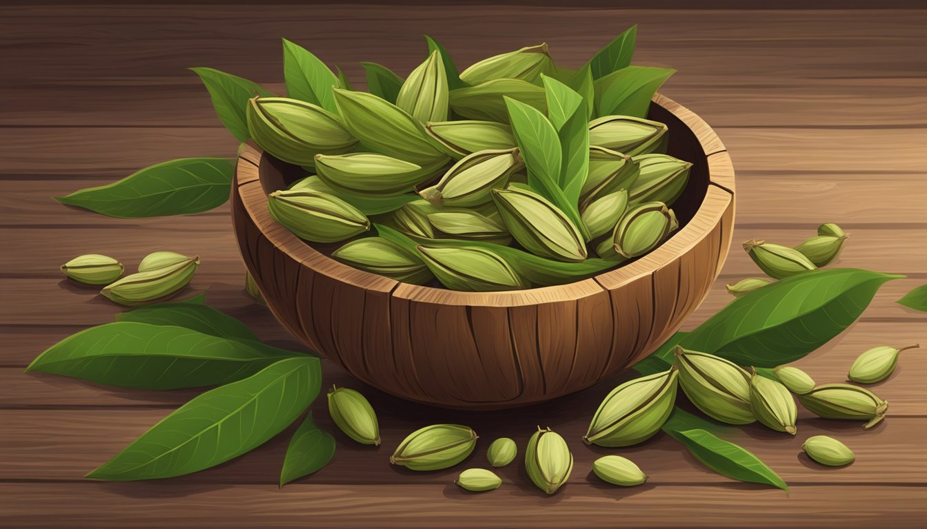 A pile of fresh cardamom pods spilling out of a rustic wooden bowl, surrounded by scattered green leaves and a mortar and pestle