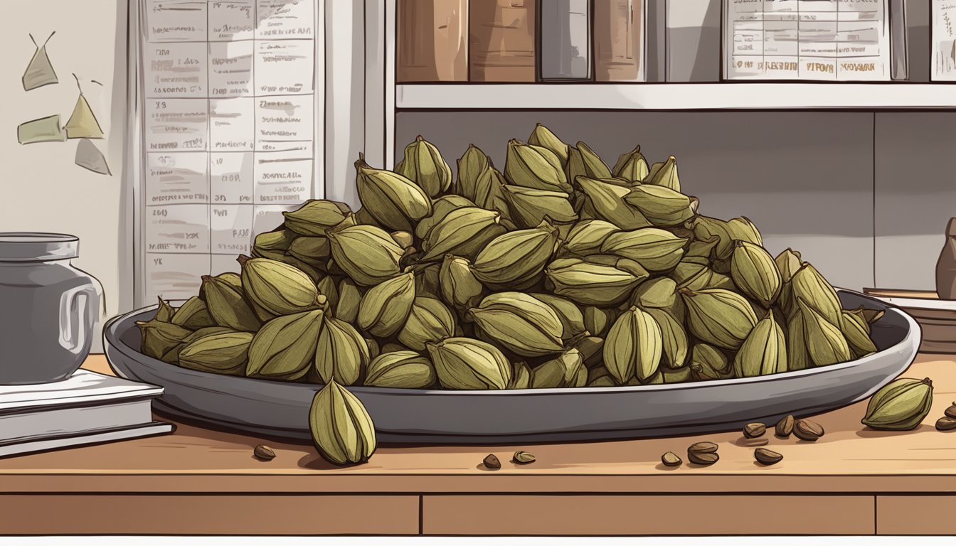 A pile of cardamom pods sits on a shelf, some cracked open, emitting a faint, spicy aroma. Nearby, a calendar shows an expired date