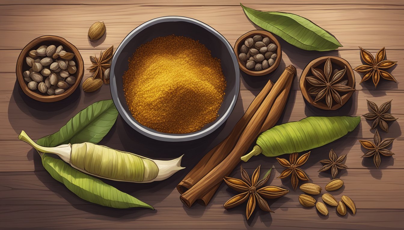 A collection of various spices, including cardamom pods, arranged on a rustic wooden table with soft natural lighting filtering through a nearby window