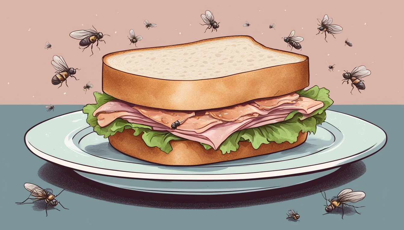 A sandwich with spoiled lunch meat sits on a plate, surrounded by flies and emitting a foul odor