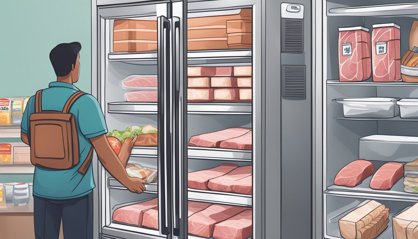 A refrigerator with neatly organized deli meat packages, a container of sliced meat, and a person checking the expiration date on a package