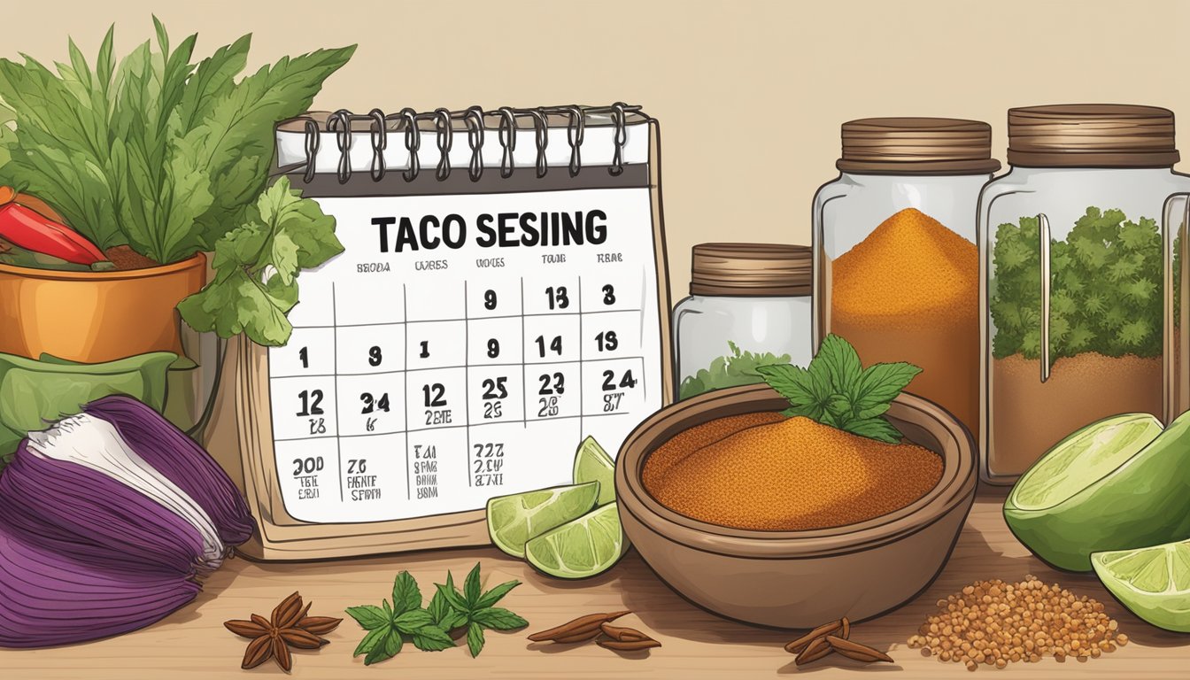 A jar of taco seasoning surrounded by various spices and herbs, with a calendar in the background showing the current date