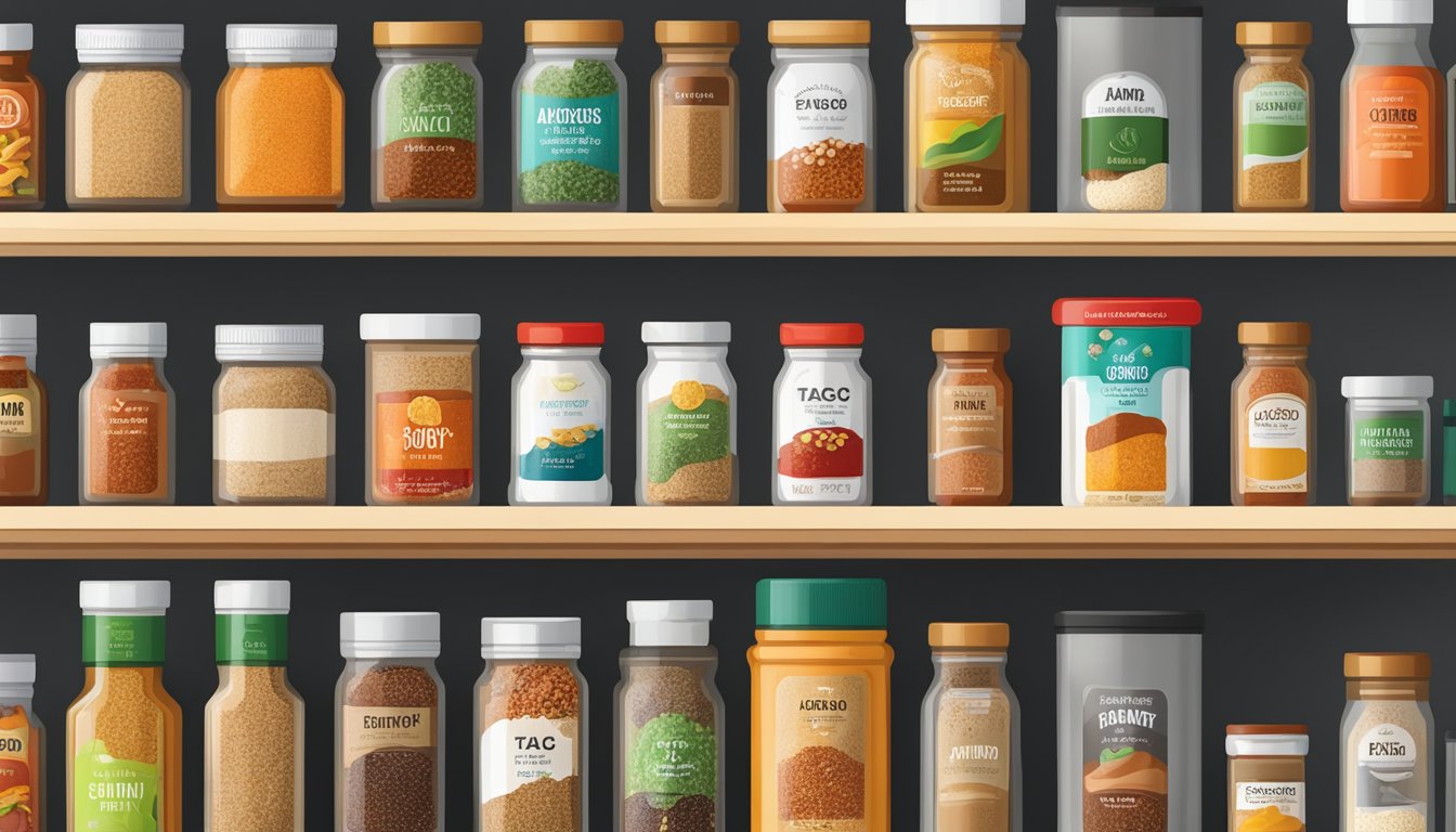 A pantry shelf with various spices and seasoning bottles, including a container of taco seasoning with a visible expiration date