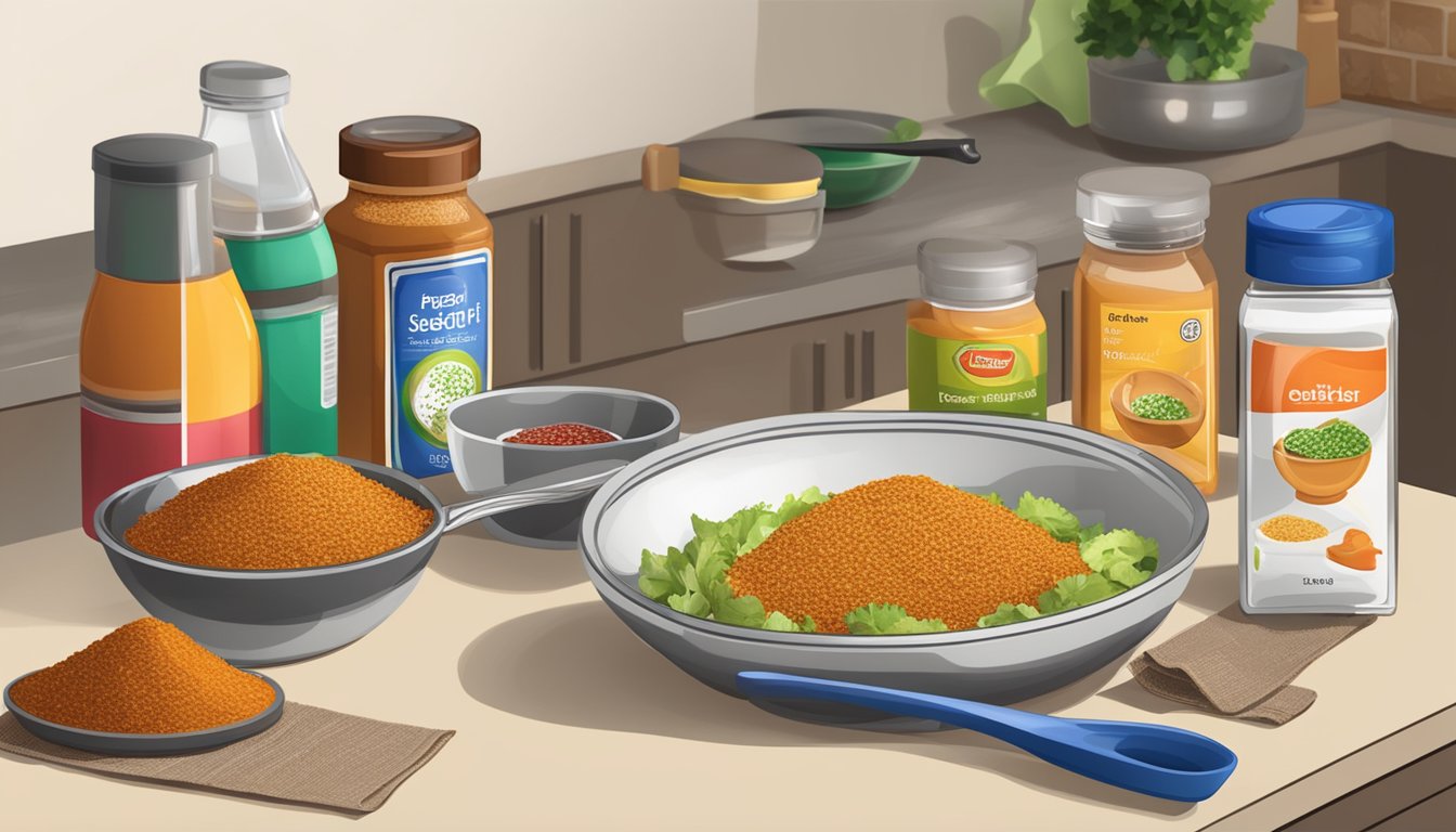 A countertop with open taco seasoning packet, empty bowl, and various cooking utensils