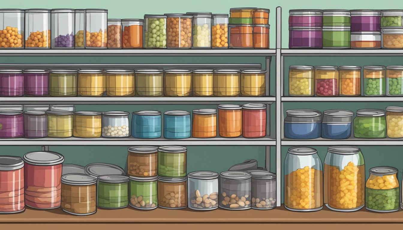 A pantry shelf with rows of colorful canned vegetables, some with expiration dates, and a can opener nearby