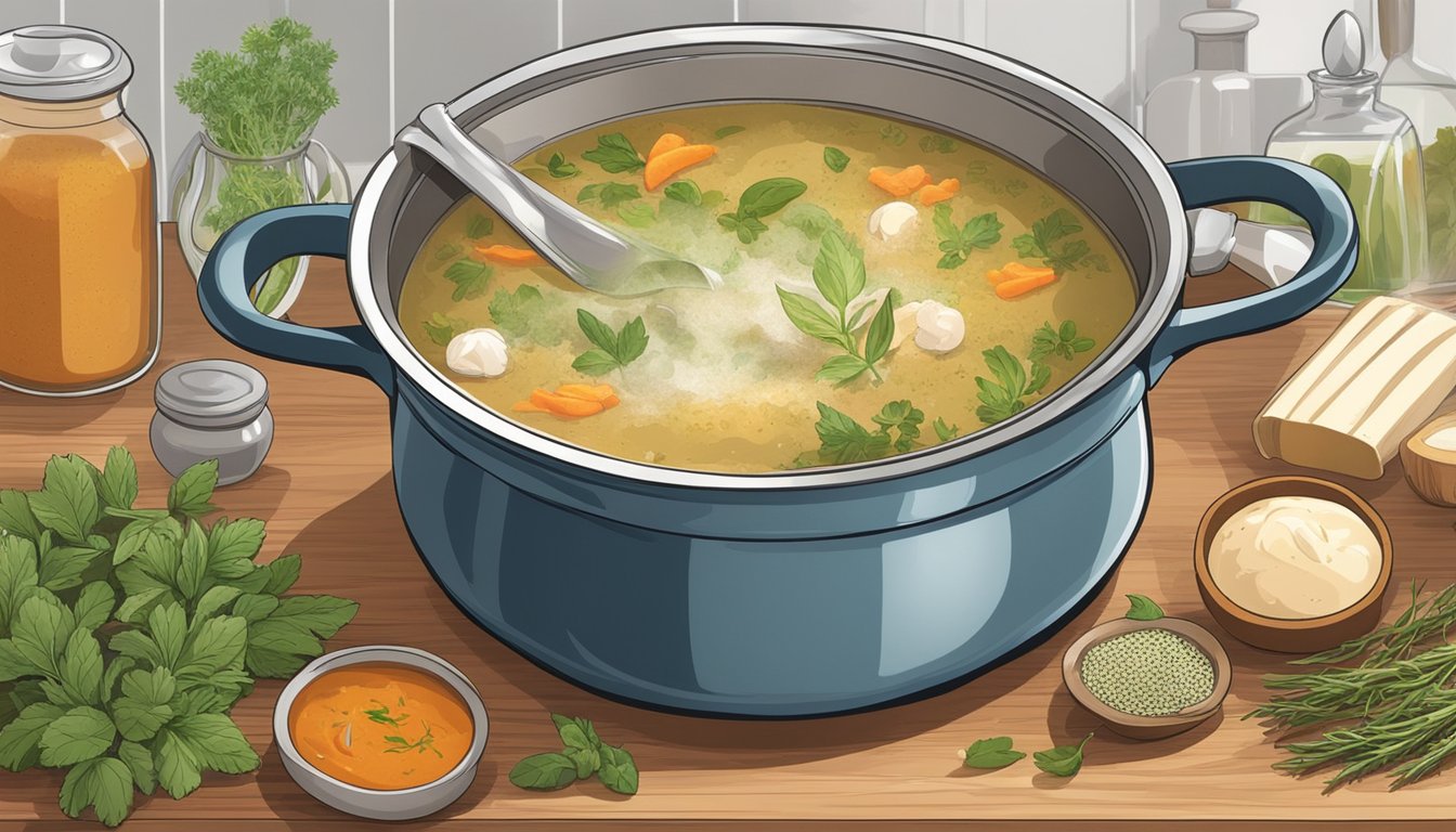 A pot of soup base sits on a kitchen counter, surrounded by various herbs and spices. The steam rises from the pot, indicating that it is freshly made